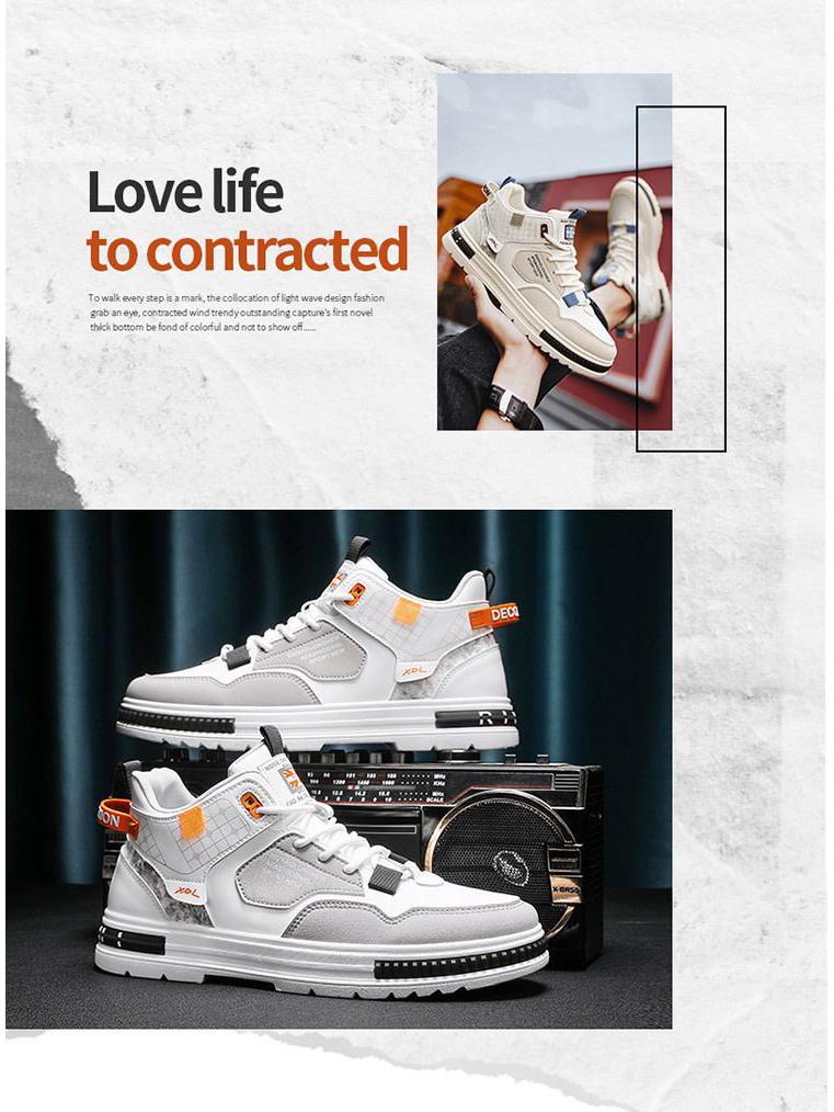 Men's Trendy Spring High-Top Breathable White Skate Shoes with Thick Soles