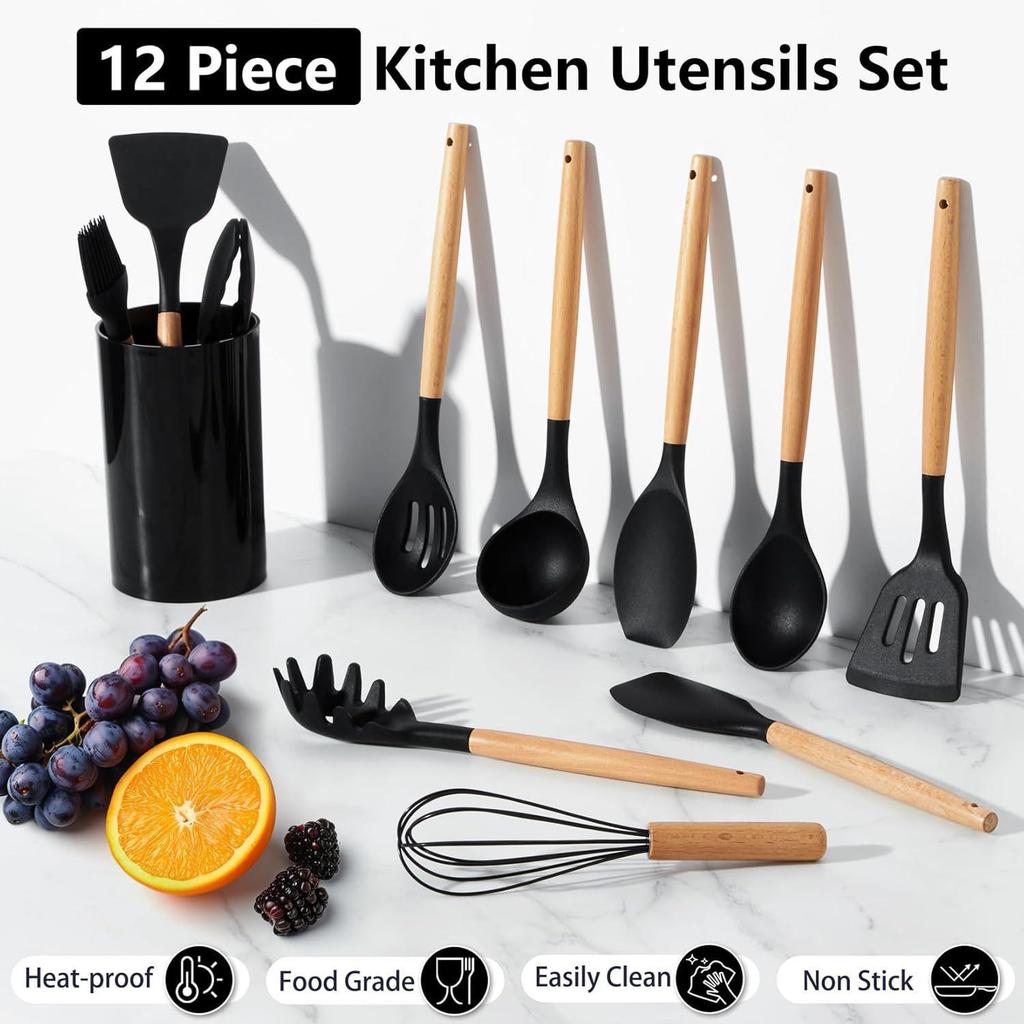 780g Silicone Kitchen Non-Stick 12-Piece Cookware Set with Wooden Handle Spatula Turner, Barrel Packaging