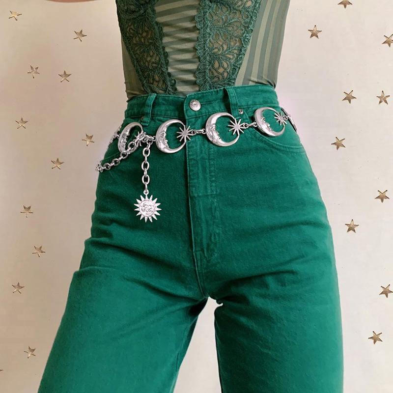 Harajuku Punk Moon Metal Belts Women Vintage High Waist Chain Waist Belts Gothic Moon Sun Sliver Pendant Belts Female