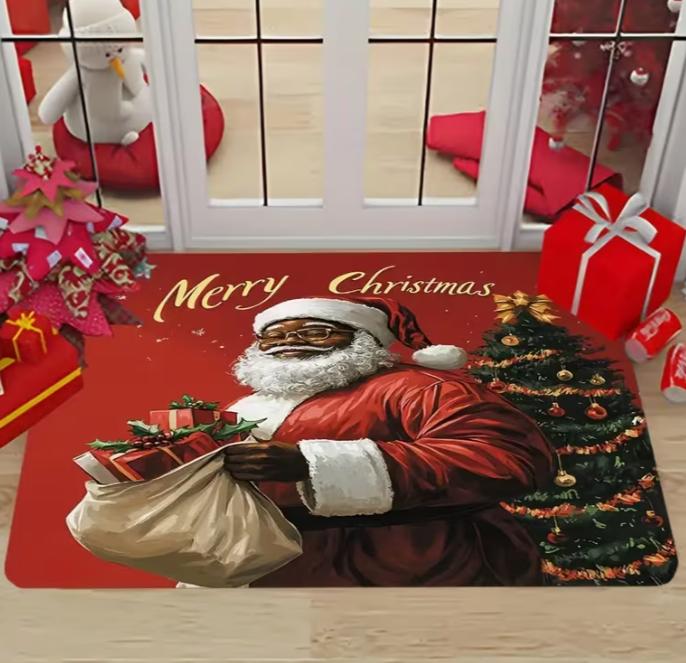Merry Christmas Santa Claus Doormat- Vintage Polyester, Machine Washable Non-Slip Bottom, Absorbent Sponge Layer, Home Entrance