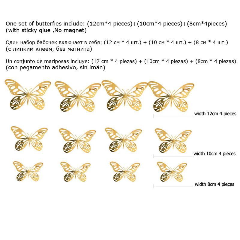 12Pcsset Gold Silver Hollow Butterfly Wall Stickers 3D Butterflies Bedroom Living Room Home Decoration Applique Wedding Decor