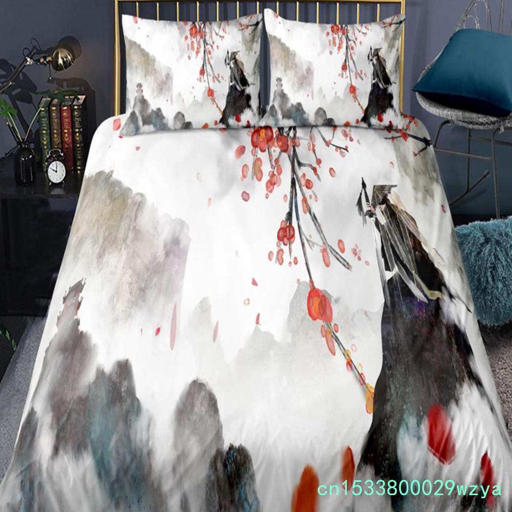 Set da letto paesaggistico in stile cinese Set copripiumino con fiori di prugno con federa Biancheria da letto Singolo Matrimoniale King Size Set piumone