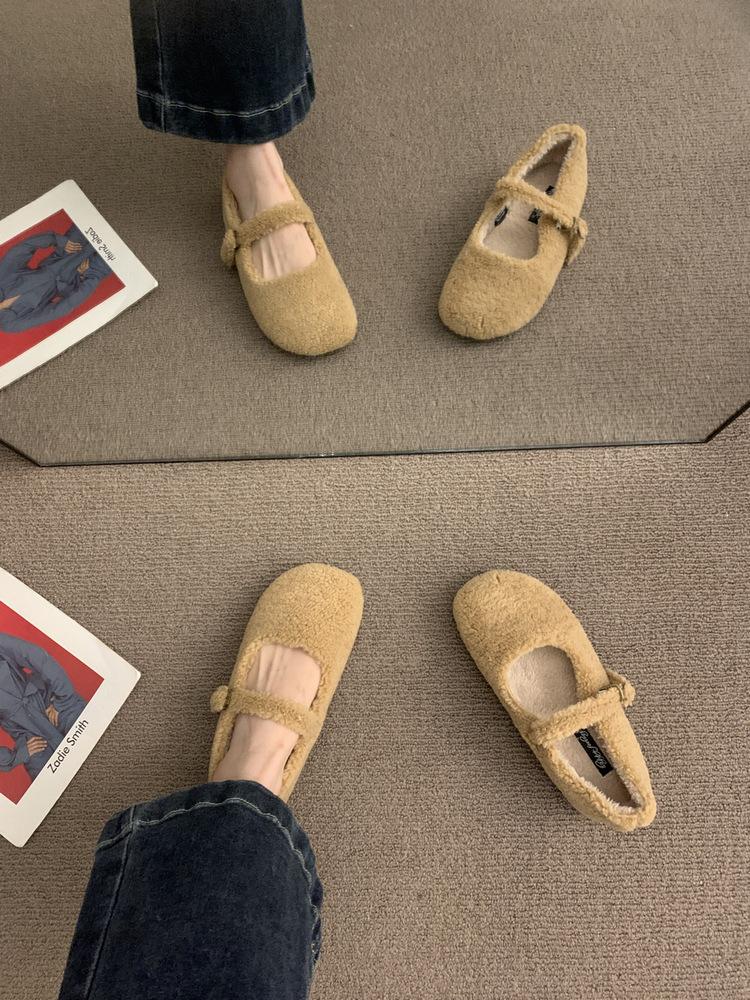 Retro Mori plush wool single shoes women's 2025 autumn and winter new French one-word Mary Jane shoes lamb wool shoes