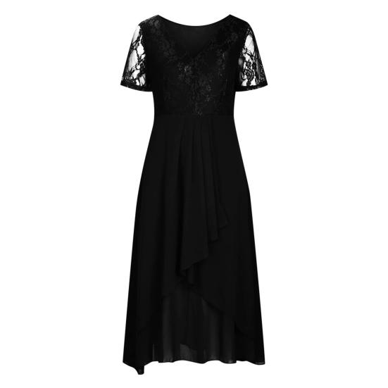 V-Ausschnitt Kurzarm Tailleneng Hochtailliert Abendkleid Elegant Stickerei Spitze Floral