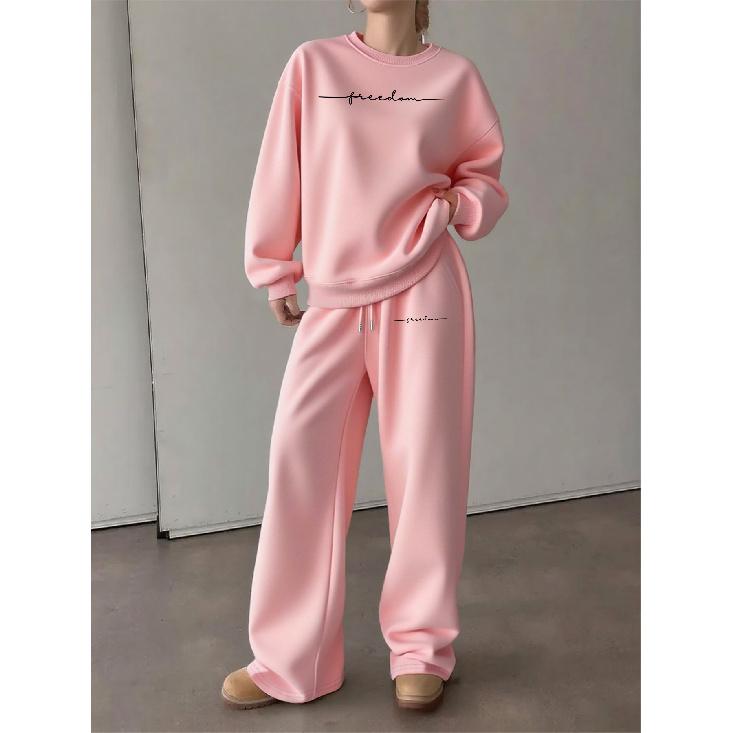 Women's Crewneck Sweatshirt & Drawstring Straight-Leg Pants 2-Piece Set Printed Casual Lounge Set for Fall & Winter | Minimalist Everyday Outfit