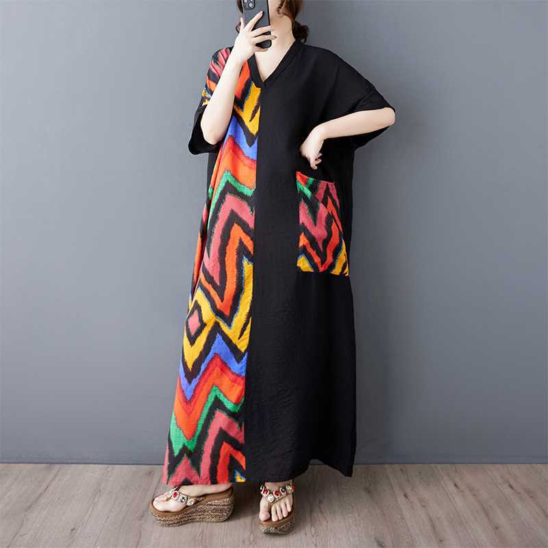 Summer Short Sleeved Contrasting Splicing Long Dress for Women