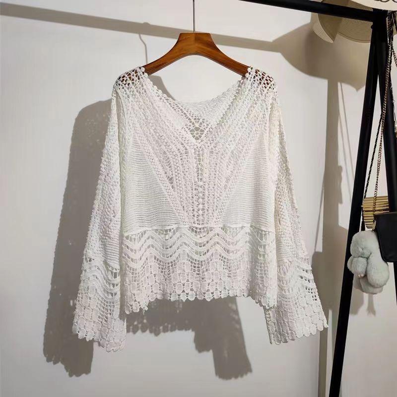 

Вязаный свитер крючком с V-образным вырезом в стиле бохо для женщин, летняя верхняя одежда, рукава «летучая мышь», топ высокого класса one size