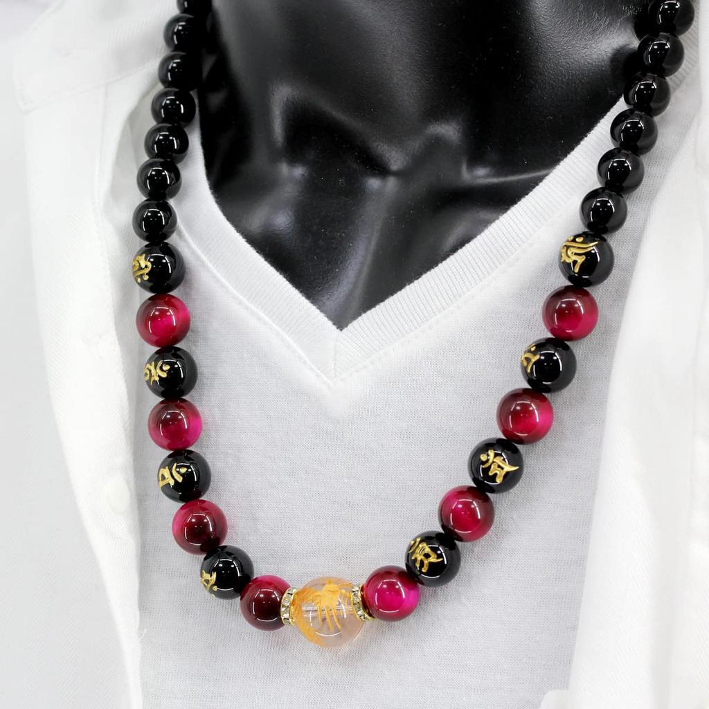 [Seki-Kira] 4A Pink Tiger Eye, Sanskrit Onyx, Gold Carved Dragon Crystal, 18mm Prayer Beads Necklace, Natural Stone, 065