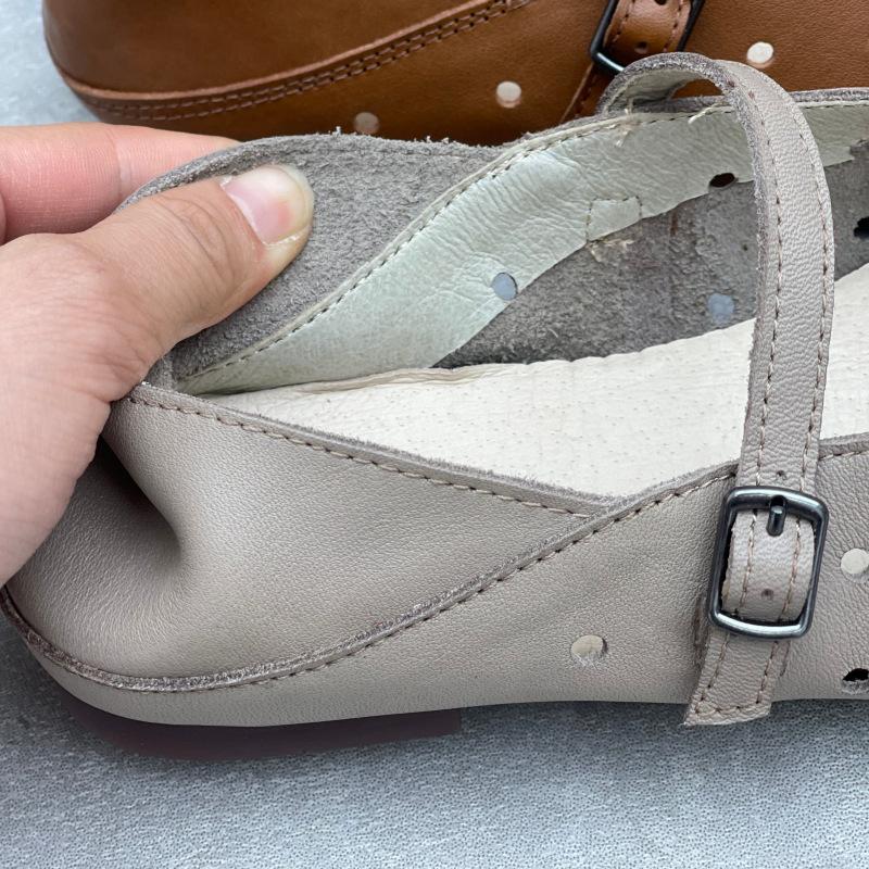 Johnature Hollow Out Breathable Genuine Leather Flat Sandals Casual Versatile Soft Soled Women's Shoes