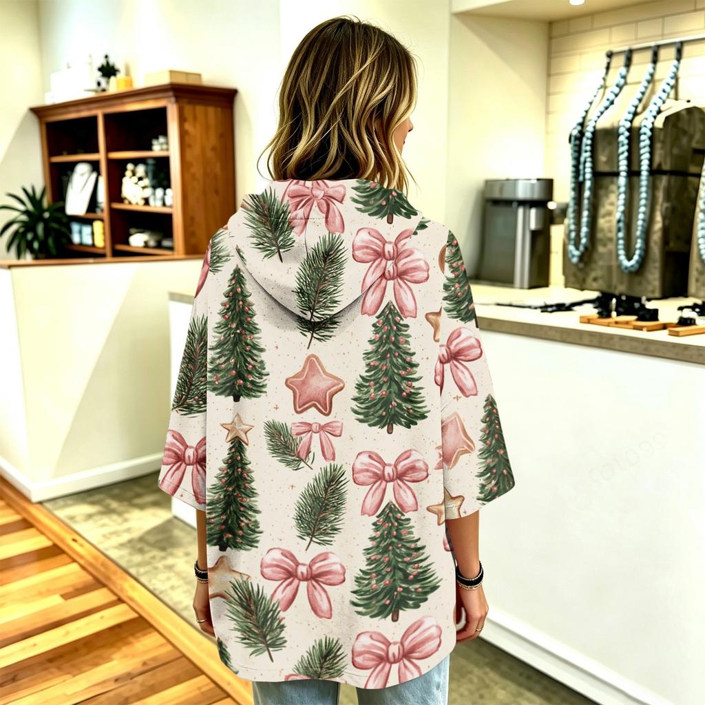 Women's 3/4 Sleeve Christmas Print Hooded Pullover Top Casual Holiday Outfit
