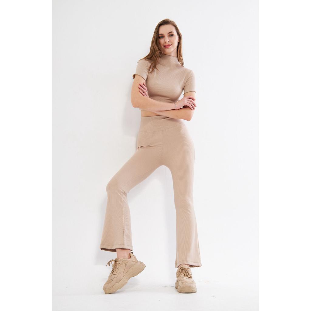 Flare Leg High Waist Lycra Fitting Ribbed Leggings Trousers