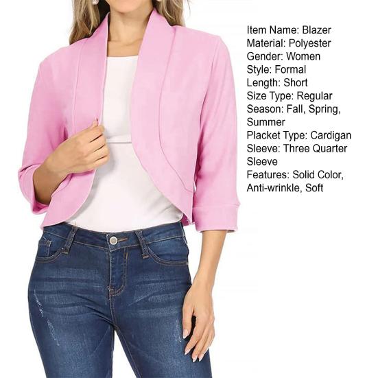 Women Blazer Short Coat Cardigan Open Stitch Solid Color Loose Spring Fall Jacket Three Quarter Sleeve Soft OL Commute Style Lady Jacket