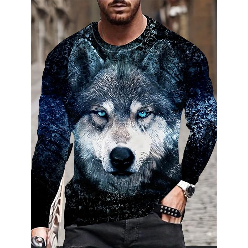 Langarm-T-Shirt für Herren mit Wolf-Print, Frühling und Herbst, für den Alltag, lässiges Oberteil für die Straße, für Herren, modisches Langarm-T-Shirt