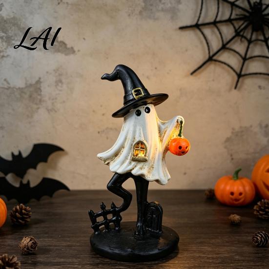 Halloween Ghost Figurine Resin Figurine Vintage Cute Holding Mysterious Witchy Tabletop Display Pumpkin Lantern Statue for Indoor Home Table