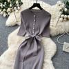 Solid O-neck Knitted Sweater Dress for Women Summer Autumn Short-Sleeve Single-Breasted Tie-Waist Slimming Elegant Bodycon Dress