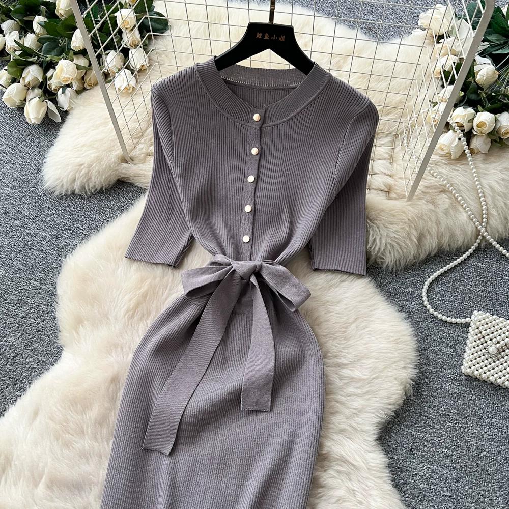 Solid O-neck Knitted Sweater Dress for Women Summer Autumn Short-Sleeve Single-Breasted Tie-Waist Slimming Elegant Bodycon Dress