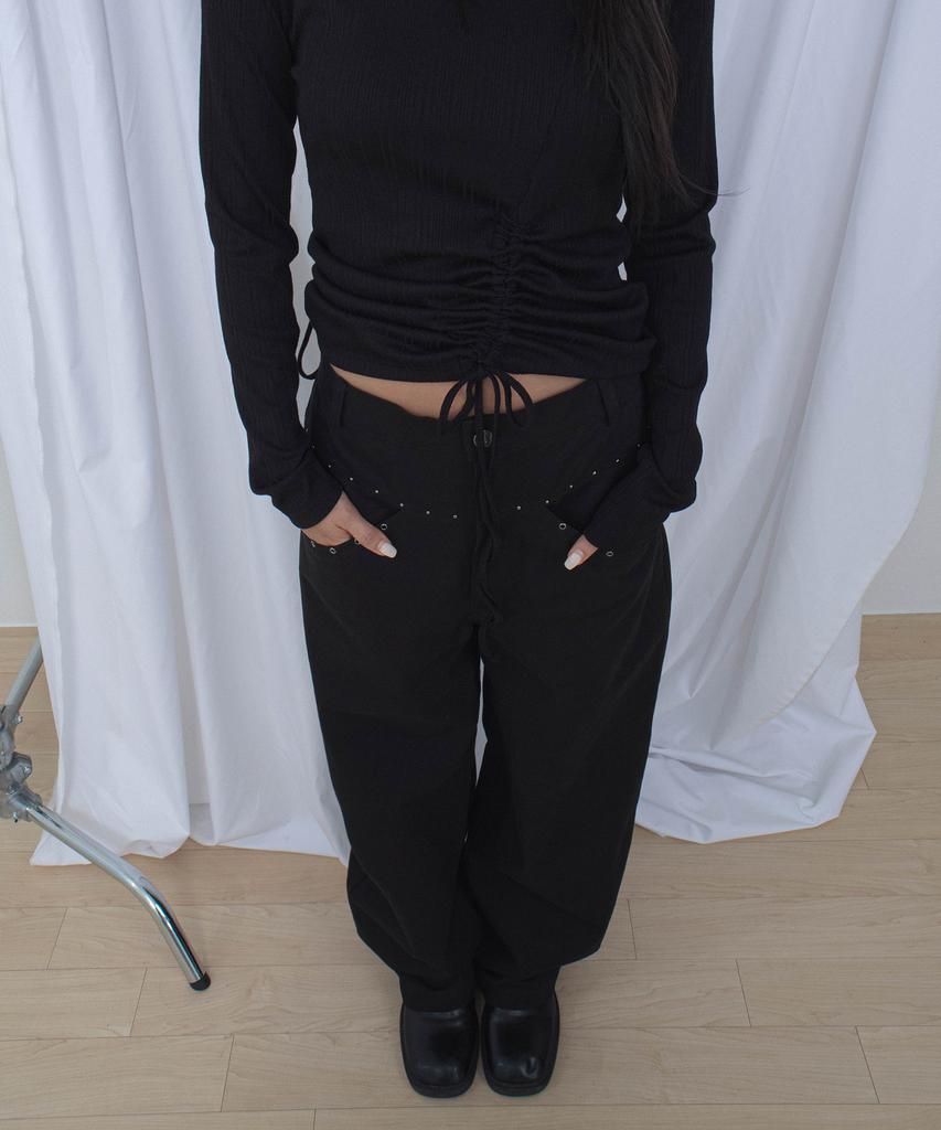 CHICKS Low-Rise Studded Line Cotton Pants Black