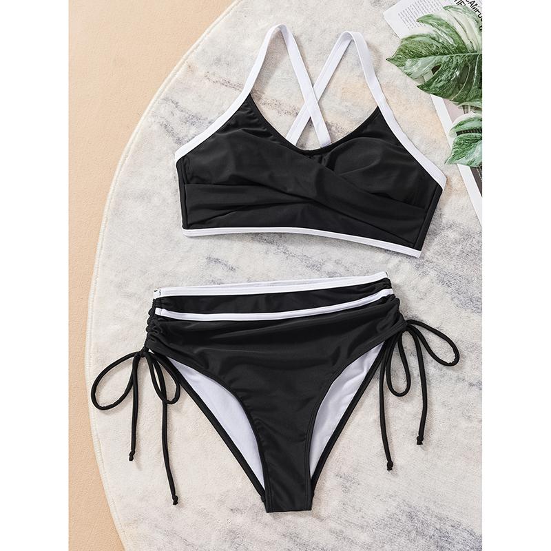 

Купальник бикини с завязками по бокам, с высокой талией, женский, черный, пэчворк, крест-накрест, пуш-ап, бандажный, купальник XL чёрный