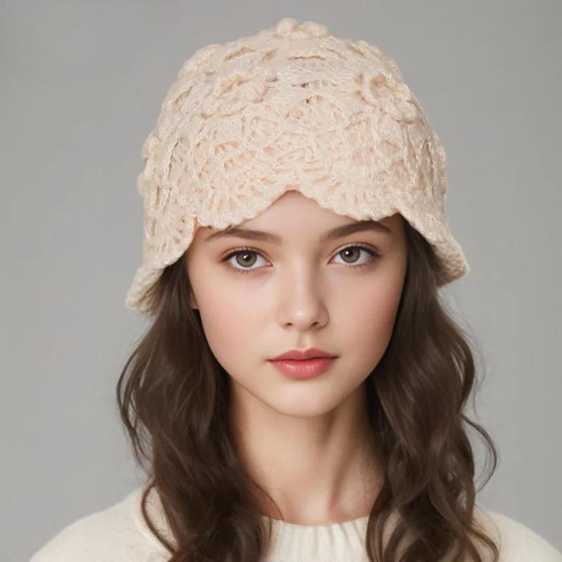 Spring Autumn Handmade Knitted Hat Women Fashion Solid Color Lace All-match Woolen Hats Temperament Elegant Ladies Beanie