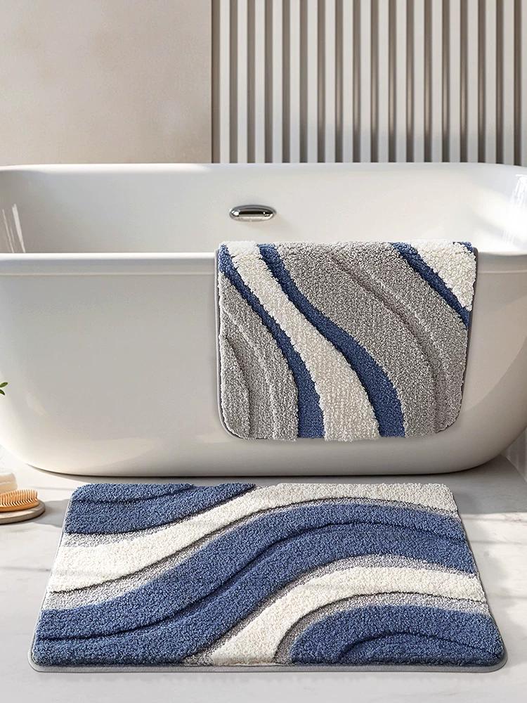 Bathroom Floor Mat with Green Gradient Texture, Absorbent Carpet for Bathroom, Simple Style, Thickened, Quick-Drying, Non-Slip Foot Mat