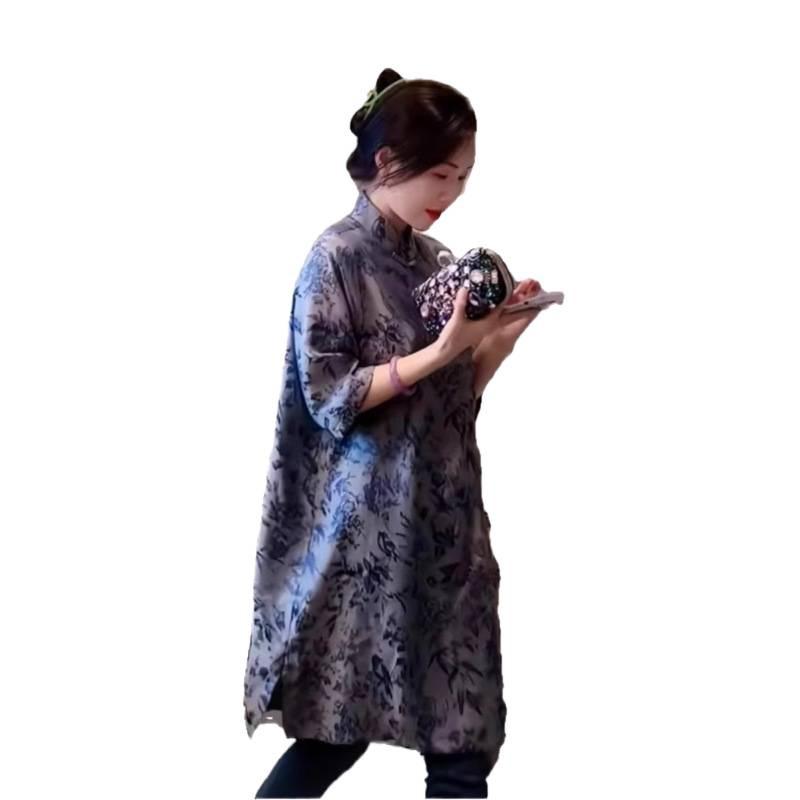Plus Size Blue & White Porcelain Qipao Dress: Retro Chinese Style, Slimming Fit for Chubby Girls