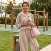 Damen Lässiges V-Ausschnitt Langarm Pullover Oberteil und Hose Set Zweiteiliges Outfit