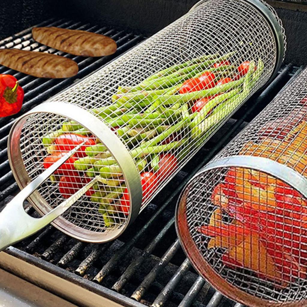 Rolling Grilling Basket Round Stainless Steel Grill Basket for Outdoor Grilling Fish Shrimp Meat Vegetables Fries Small 20x9.4cm