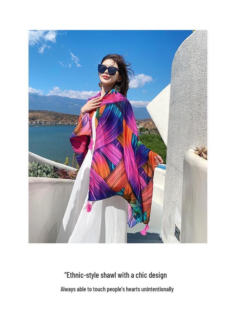 Women's Ethnic Style Silk Scarf: Extra Large, Versatile Sun Protection Shawl for Summer