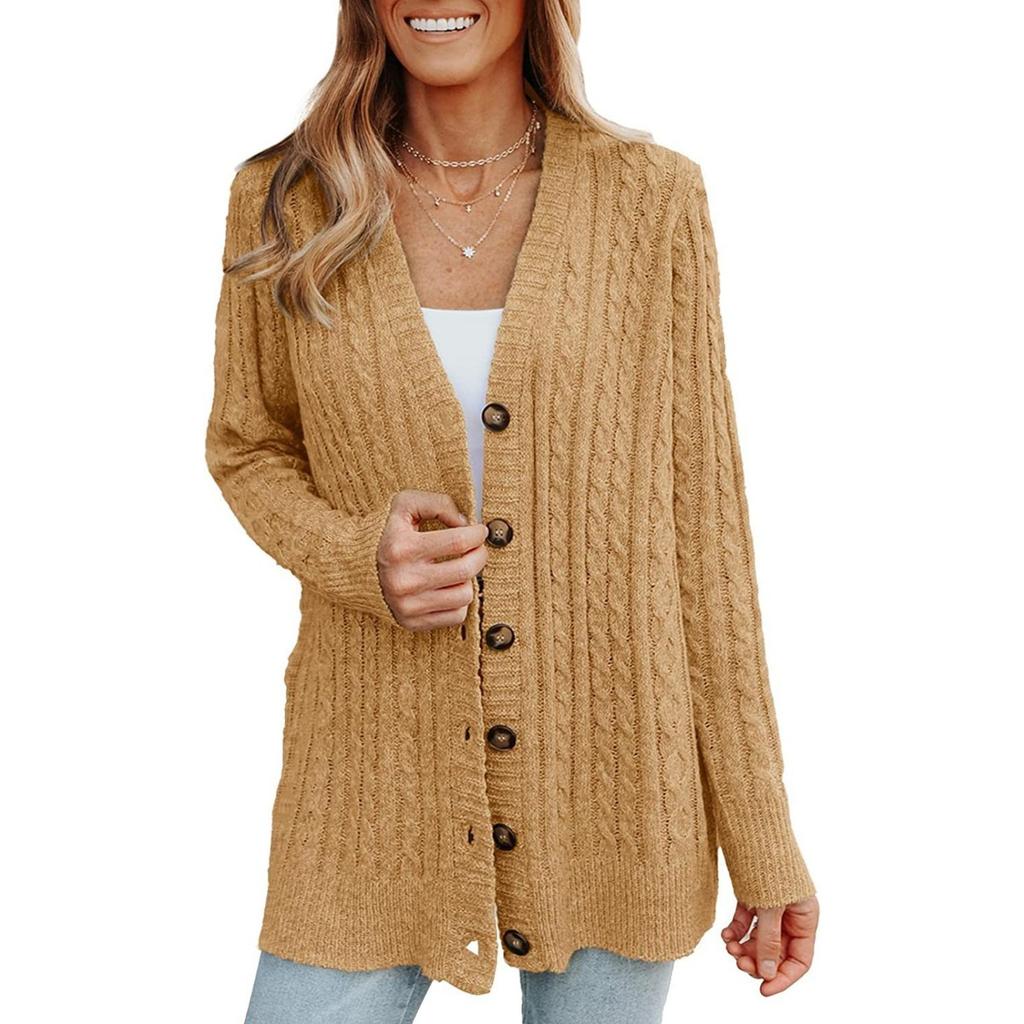 Women's V Neck Long Sleeve Cable Knit Cardigan Regular Fit Casual Sweater Coat