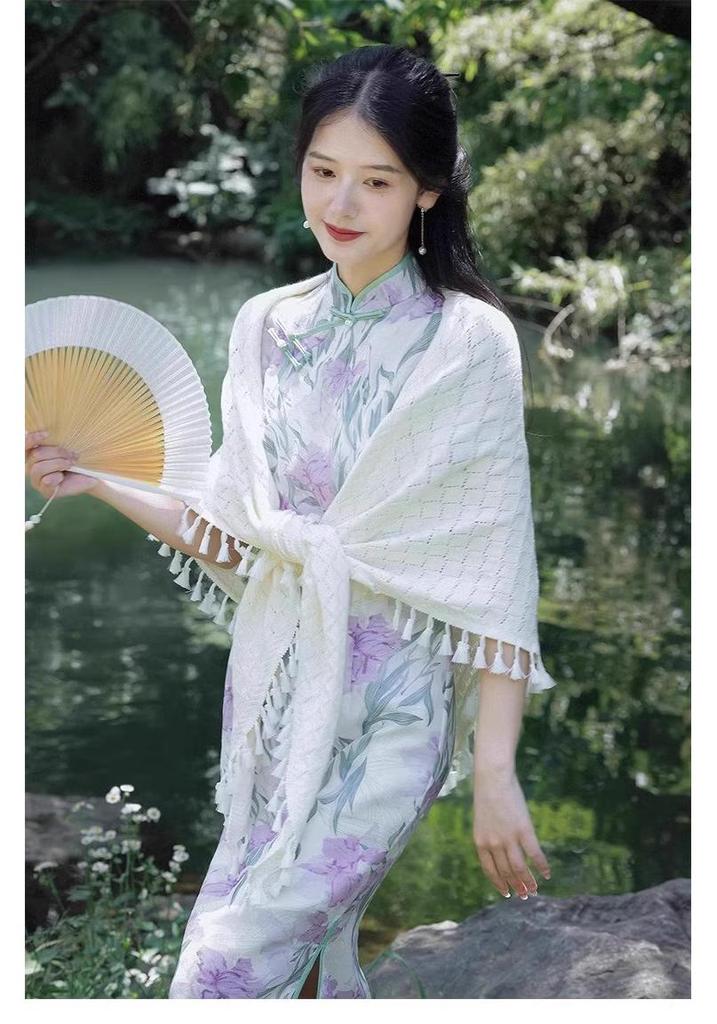 2026 Women's Off-White Knit Qipao Shawl with Tassels - Versatile Summer Cape for Skirts