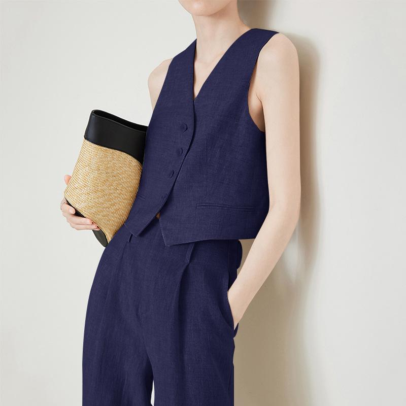Thin rain dew linen single, short V-neck fashionable suit vest, Tencel money style, elegant V-neck vest