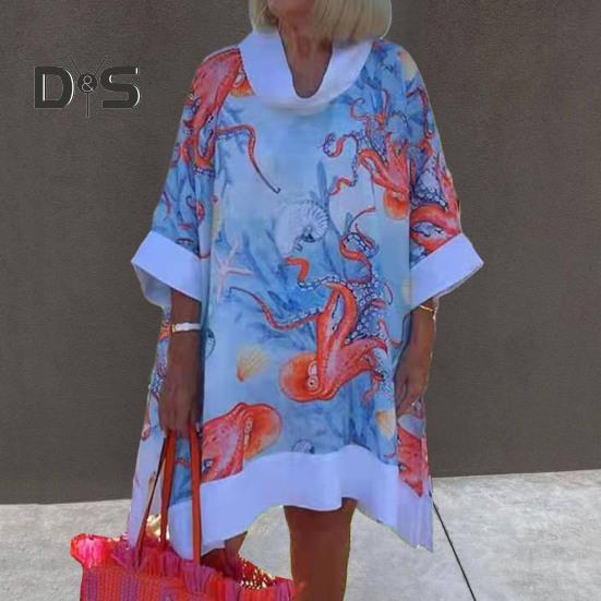 

Женское платье с короткими рукавами и принтом осьминога, свободное цветное лоскутное платье в стиле ретро с водолазкой и нестандартным вырезом, женское платье миди 2XL светло-синий