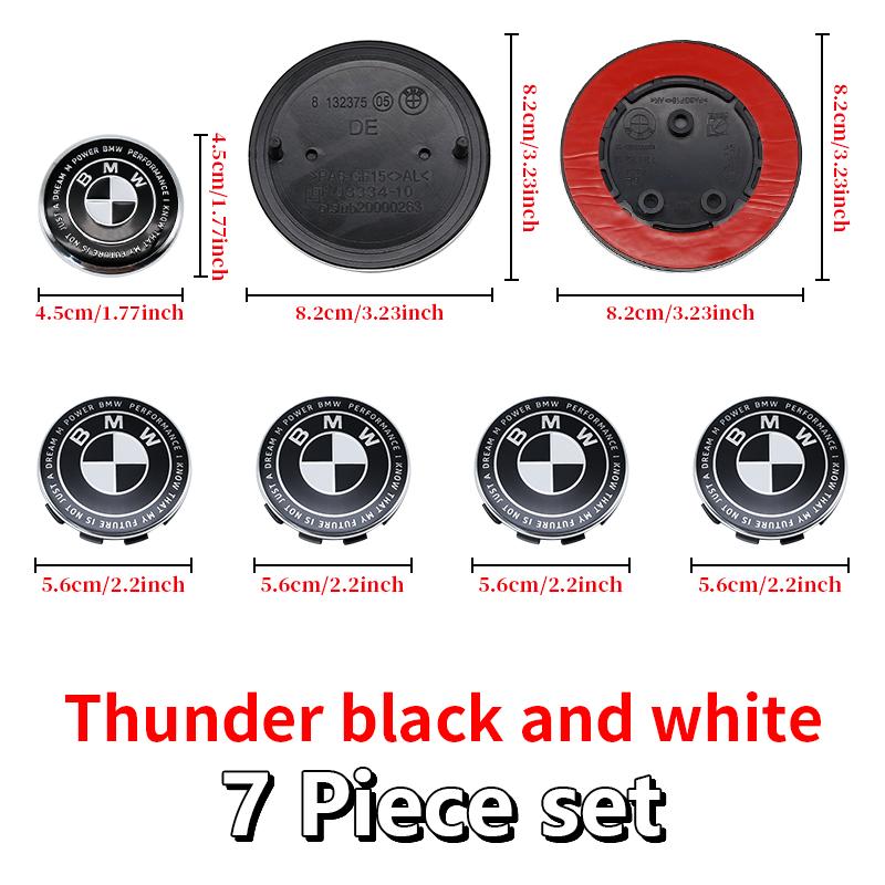 Competition Black White Emblem Set for BMW Hood Trunk Wheel Steering Badge 7Pcs 74m 82mm 68mm 56mm Universal 2-Pin 3-Pin Clips