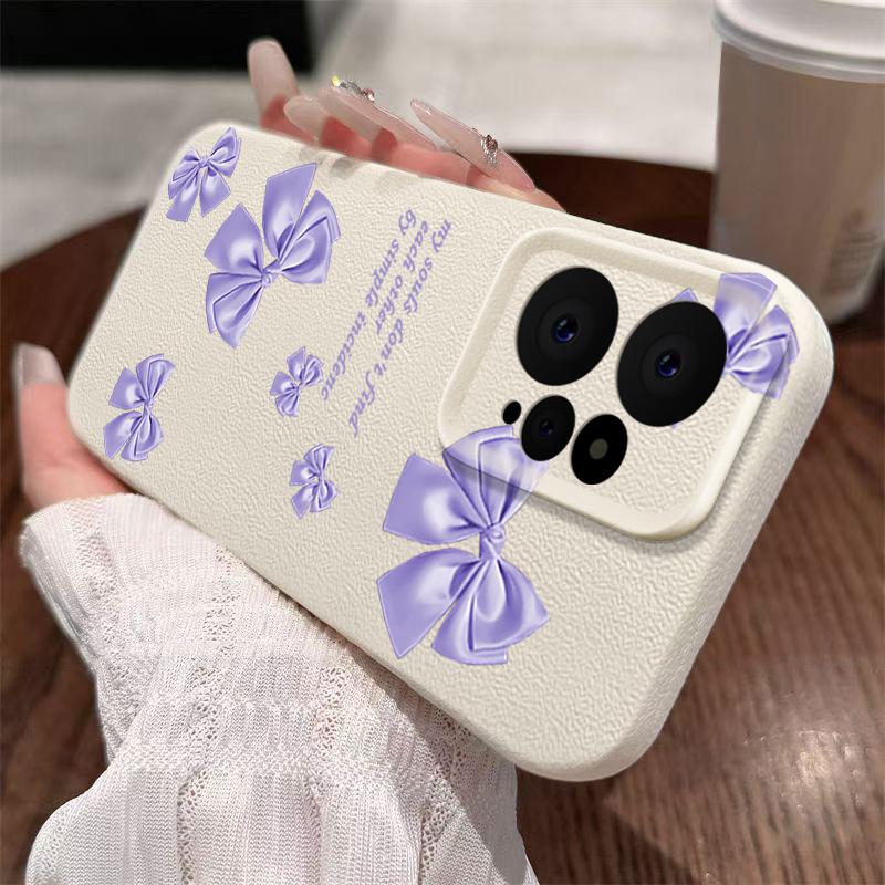 Purple Bowknot Print Leather Texture TPU Matte Case For Xiaomi 13T Poco X6 M6 Redmi Note 14 Pro 13 12 11 Lens Protection Soft Shockproof Phone Cover