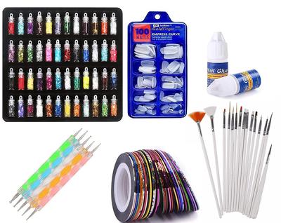 URBANMAC Nail Art Kit - 48 Pcs Glass Bottles Glitter Stones, 100 Nails,10 Nail Tapes, 15 Nail Art Brush, 5 Nail Dotting Pen with 2 Glue (Nail Art K
