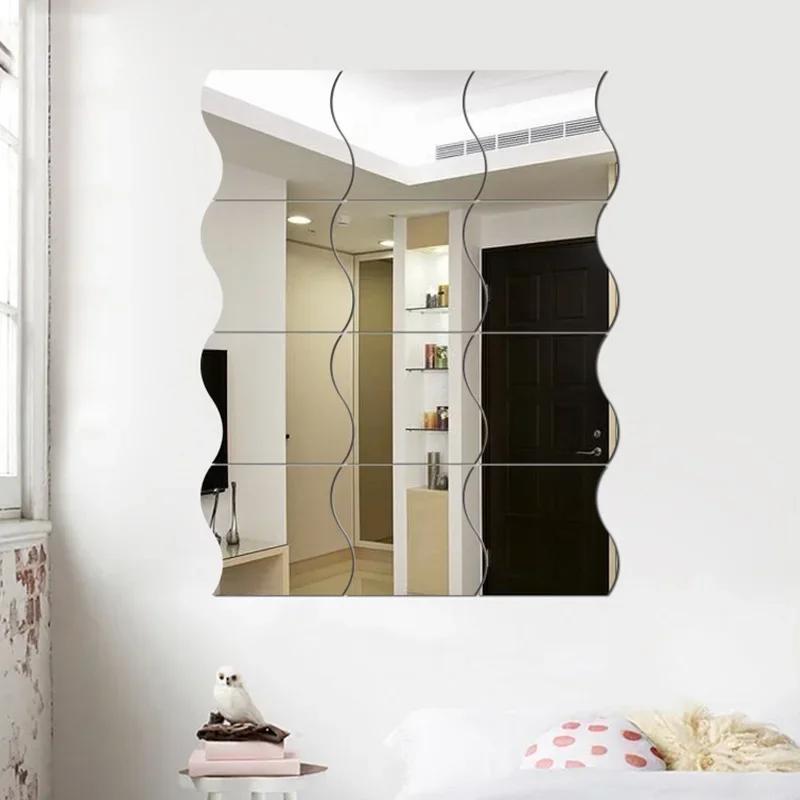 3D Wave Mirror Wall Panels - Modern Art Self-Adhesive Decals for Living Room/Bedroom Wall Decor (Geometric Stickers)