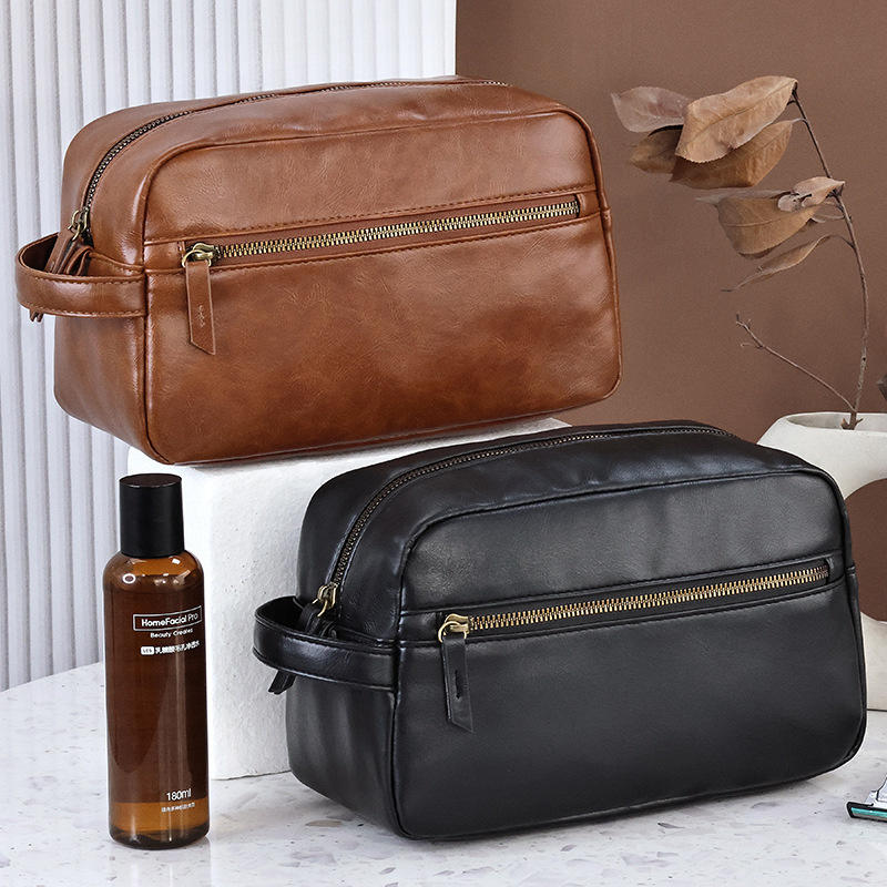 Men PU Leather Wash Bag Travel Business Trips Portable Cosmetic Bag Large Capacity Multi Pocket Design Handheld business trip Wash Bag