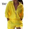 Girls Shirt Shorts Suit 2Pcs/Set Women Turndown Collar Long Sleeves Metal Ring T-Shirt Pants Trousers Kit Zipper Spring Summer Feather Printed