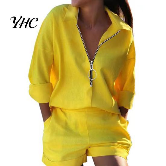 Girls Shirt Shorts Suit 2Pcs/Set Women Turndown Collar Long Sleeves Metal Ring T-Shirt Pants Trousers Kit Zipper Spring Summer Feather Printed