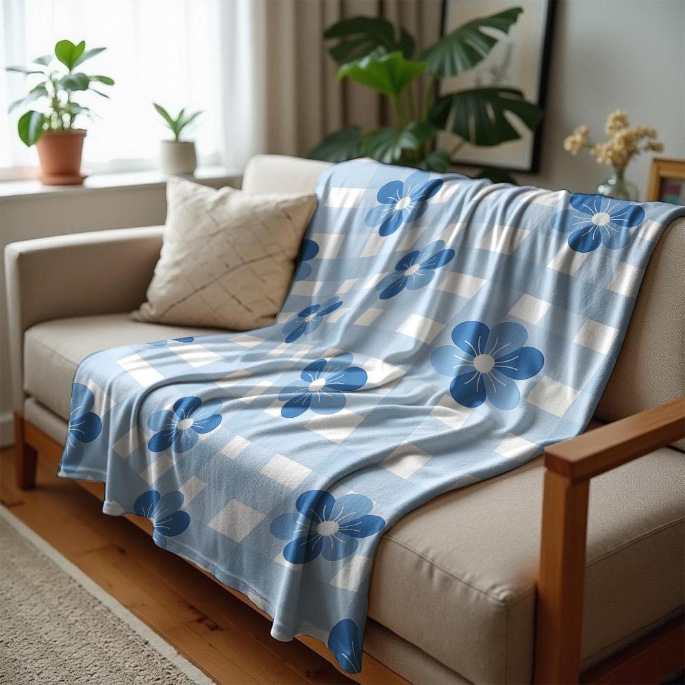 Blue Floral Anime Cartoon Flannel Blanket Soft Warm Throw for Bedroom Sofa Car Kids Holiday Gift