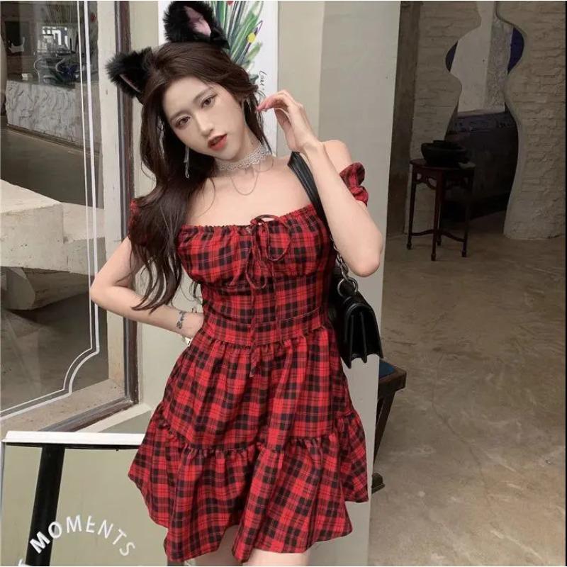 Red Plaid Dress for Women In Summer Updated French Classic Small Puff Sleeves Sweet First Love Skirt