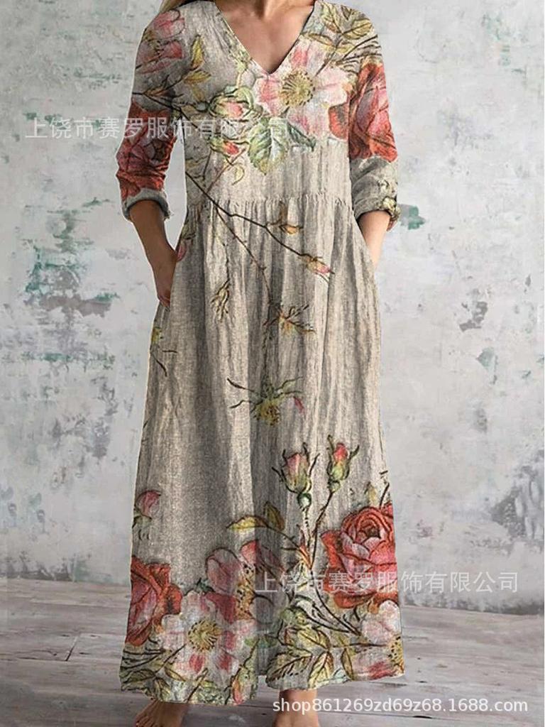 Damen Langarm V-Ausschnitt Maxi Kleid mit Streifenmuster, Knöchellanges Fließendes Kleid, Lässig Elegantes Kleid