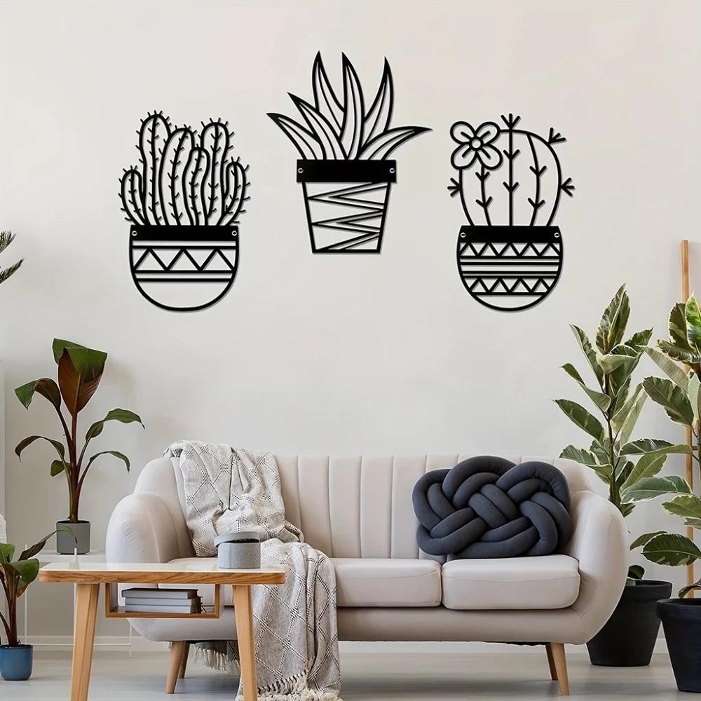 3-Piece Cactus Metal Wall Art Set - Natural Theme, Modern Black Metal Wall Decor