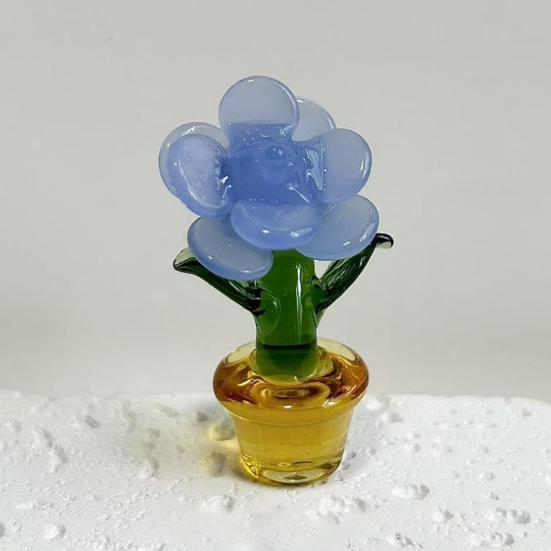 Mini Glass Rose Flower with Pot Colorful Rose Flower Ornaments Collectible Hand Blown Faux Crystal Flower Figurine for Mother's Day Birthday Table