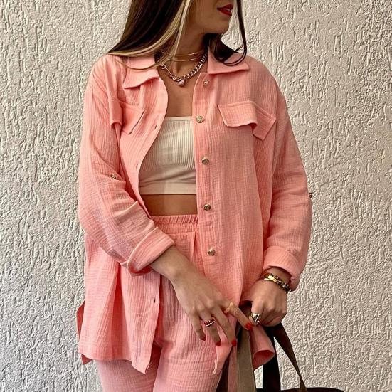 Summer 2 Piece Outfit for Women Oversized Button Down Long Sleeve Shirt And Cropped Pants Set Casual Loungewear Tracksuit