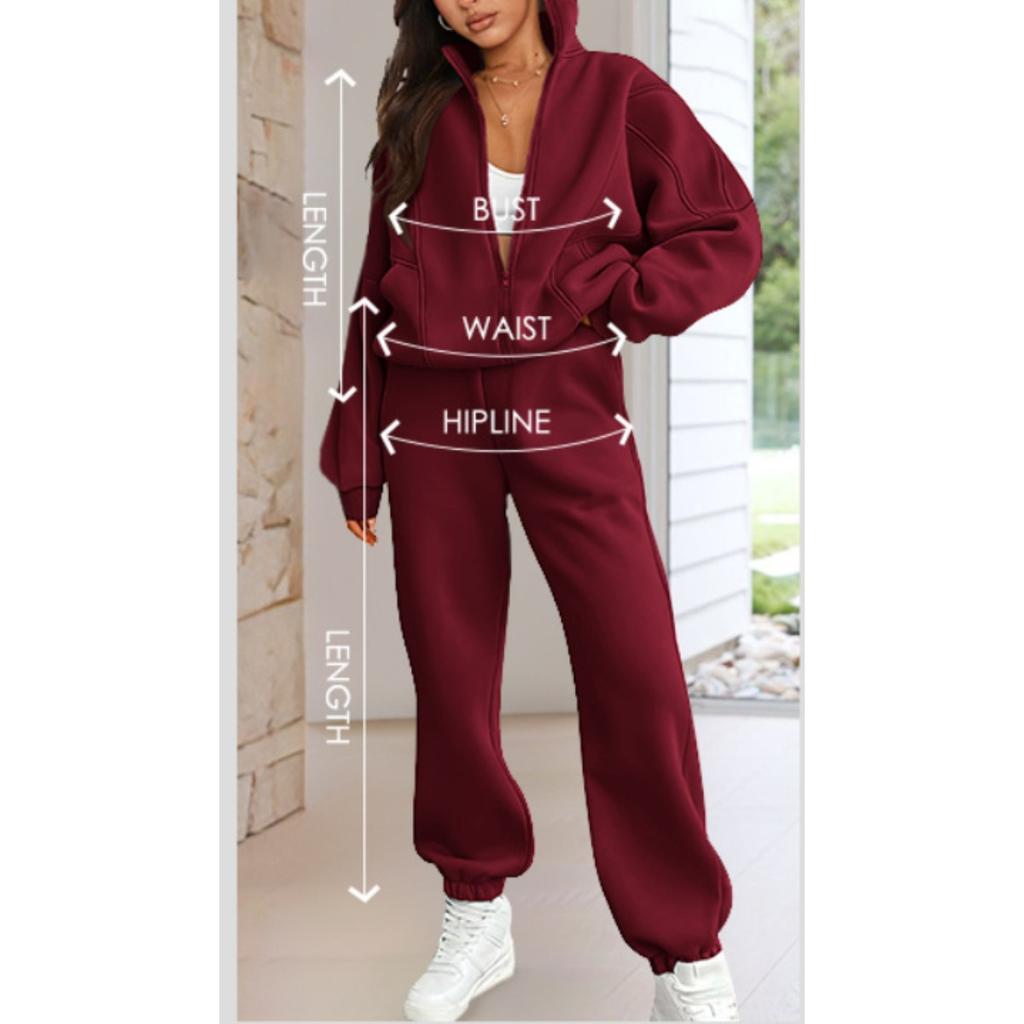 2025 Women's Fleece Sweatshirt Two-Piece Set Casual Zip-Up Loose Fashion Tracksuit
