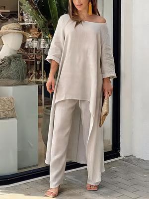 Nieuwe Dames Katoen Linnen Mode Casual Grote Maat Onregelmatig Lange Mouw Set Wijde Pijpen Broek Twee Delig Outfit