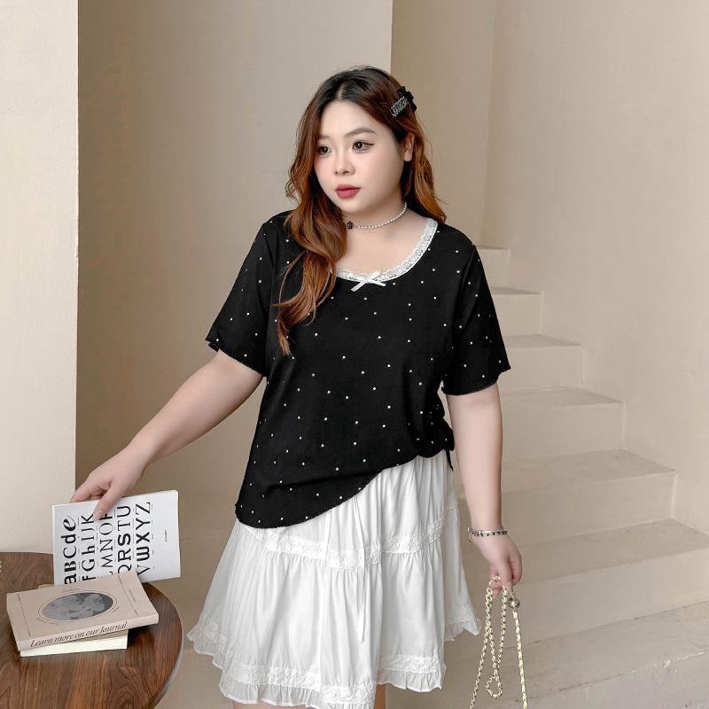 

Plus Size Women s Clothing [French Sweet Polka Dot T] Contrast Color Lacework round-Neck Bows Belly Covering Short Sleeve T-shirt Top Mysterious Black 8xl