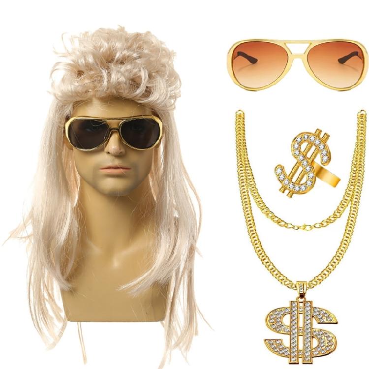 80s Disco Costume Accessories Hippie Glasses Curly Rock Wig Necklace for Unisex