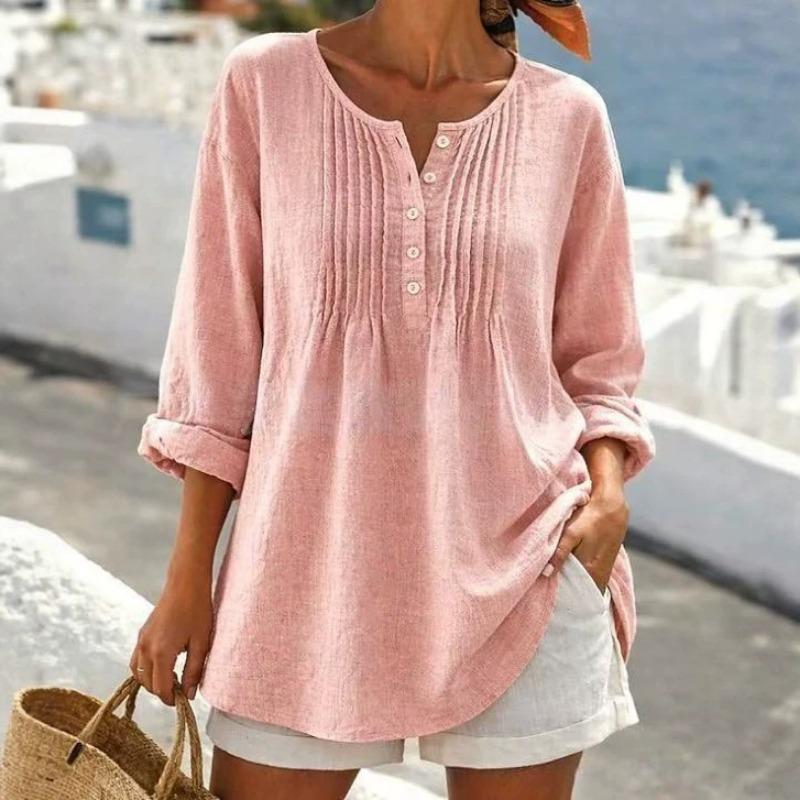 Women Loose Fit Long Sleeve V Neck Plus Size Casual Shirt